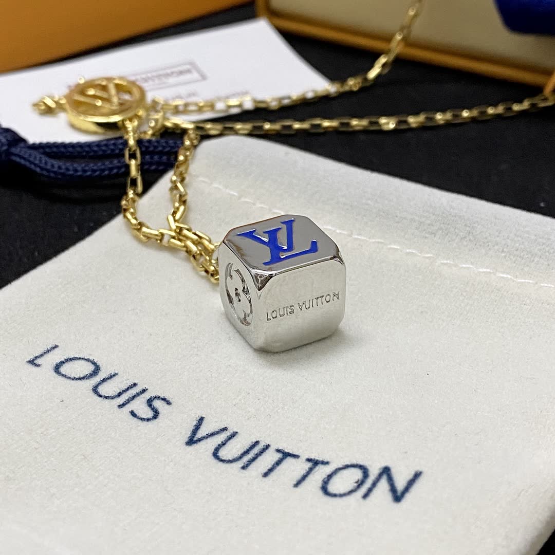 Louis Vuitton Gold Tone Chain Necklace with Logo Pendant